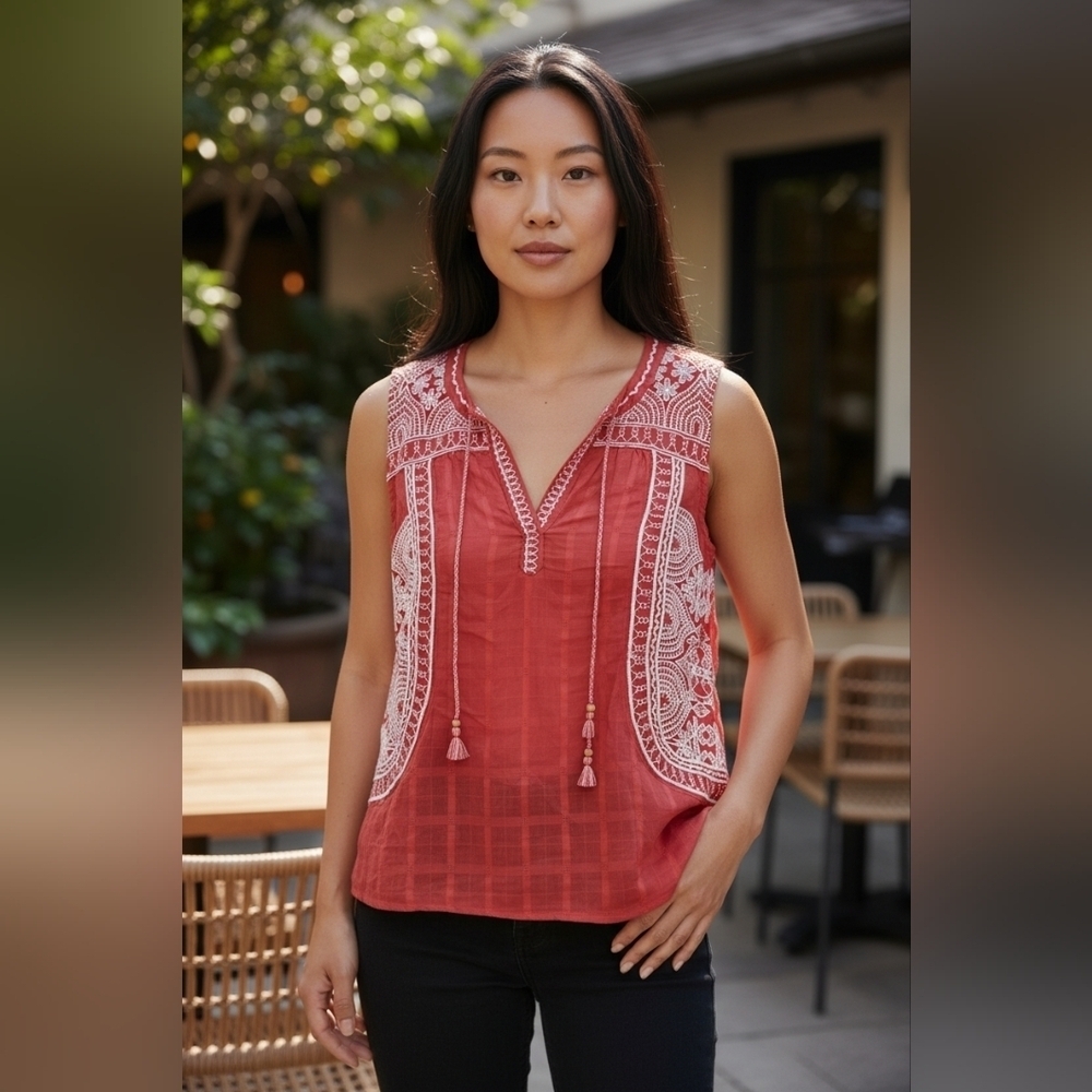 Lucky Brand Red Embroidered Cotton Boho Top | Size Small | Festival Peasant - Picture 1 of 5
